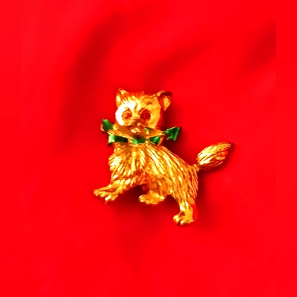 Vtg Christmas cat brooch